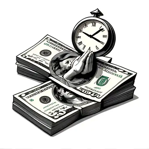 2 Stacks Of 100 Dollar Bill With A Broken Clock And Some Arms Praying