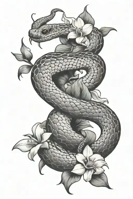 King Cobra Snake And The Moon On Top With Orchid Flowers All Around