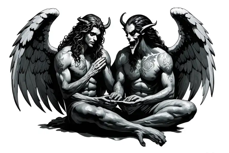 Angel And Demon Sitting Playing Chest