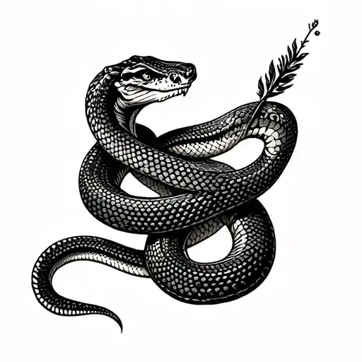 Woodcut Snake Holding A Flale In Its Tail Wrapped