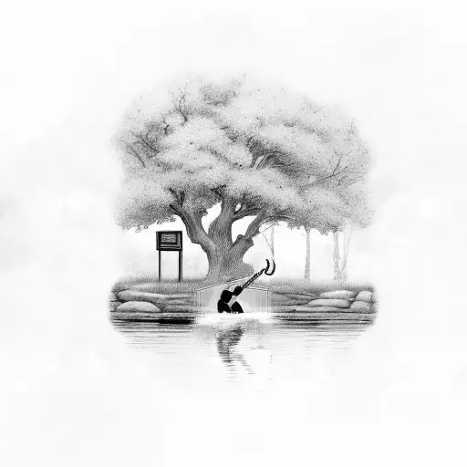 A Person Playing The Harp Under A Tree By A River