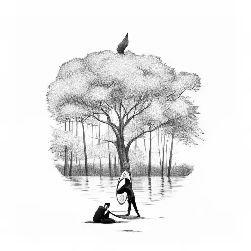 A Person Playing The Harp Under A Tree By A River