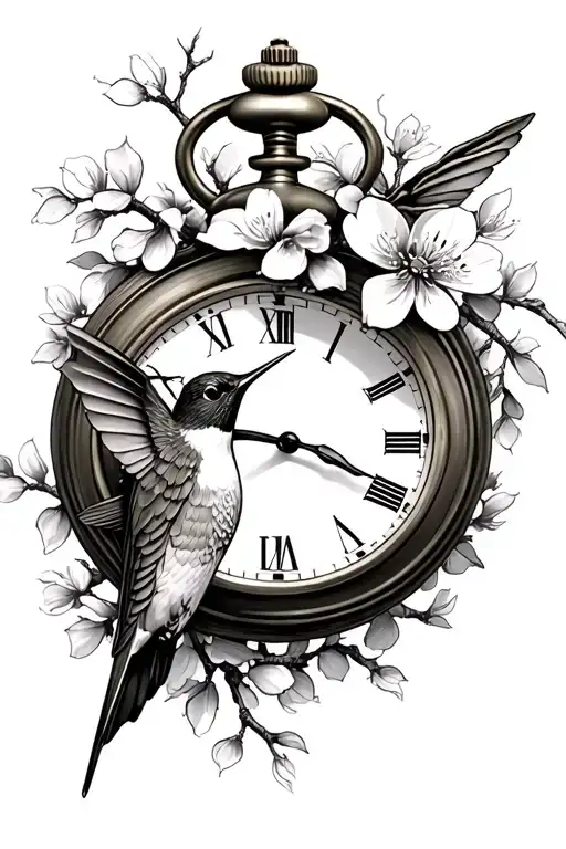Hummingbird With Cherry Blossom Tree Pocket Watch Surrounded