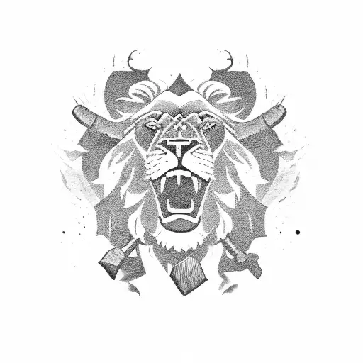 A Powerful Lion Roaring With An Axe Embedded In Its Chest