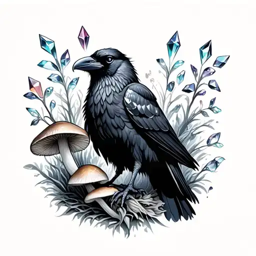 Black Raven With Mushrooms And Crystals