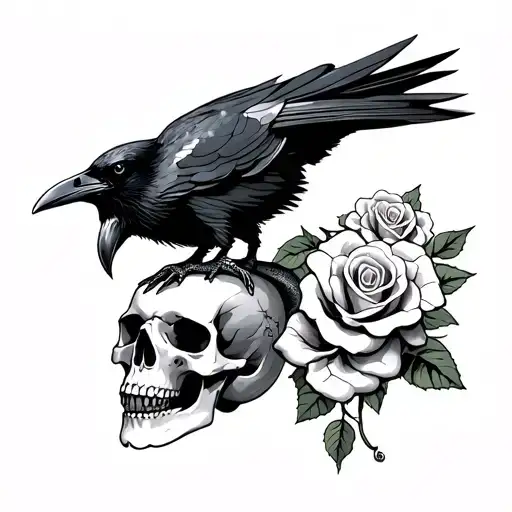 Raven Perched On A Skull With A Snake In Its Mouth With Roses Intertwined