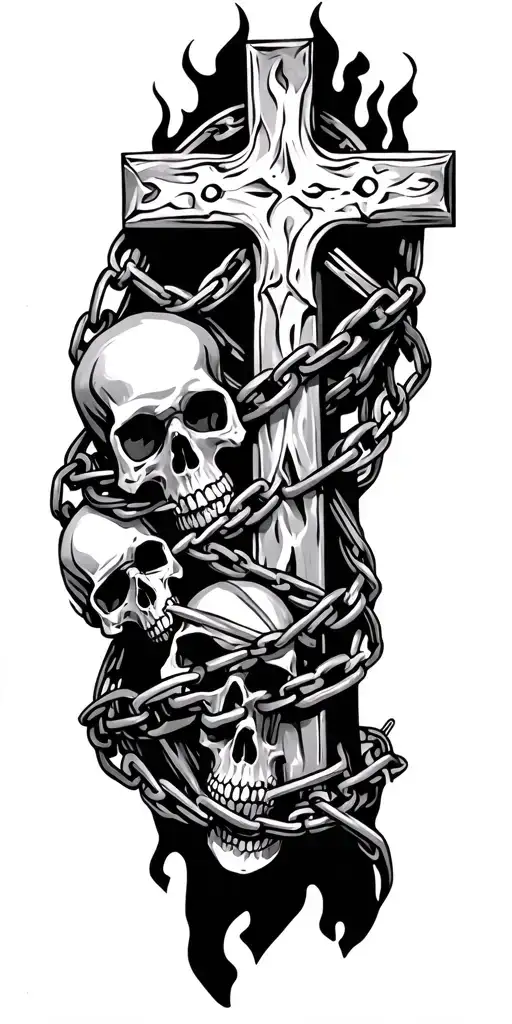 Cross With Chains Wrapped And Nailed To Arm With Skulls