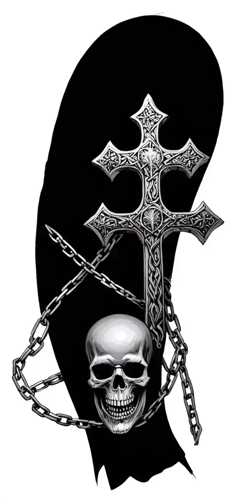 Medieval Cross With Chains Wrapped And Nailed To Arm With Skulls