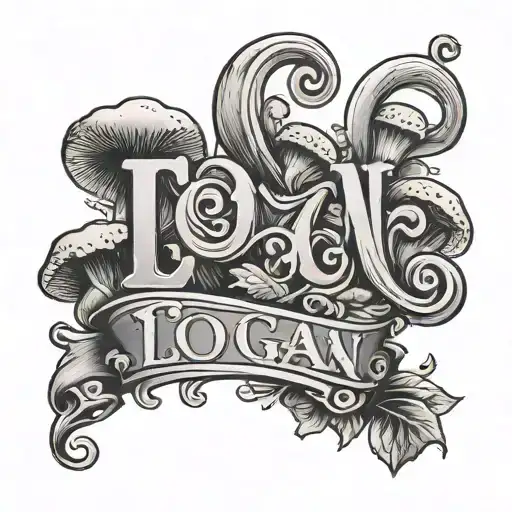 The Name Logan In Old English Script With Mushrooms Growing
