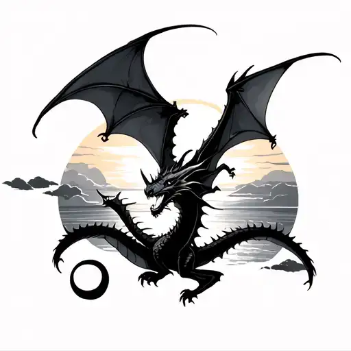 Dragons Flying In Sunset Scene