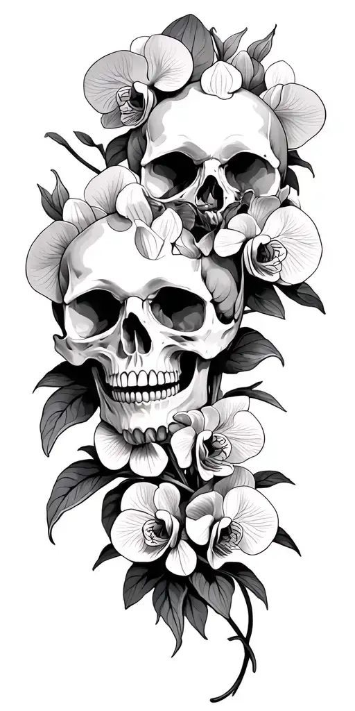 Skull And Orchids Intertwined