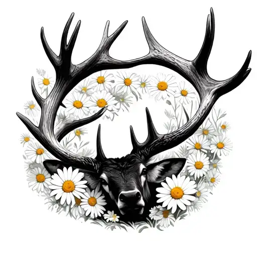 Elk Antler Laying In Daisy Flowers