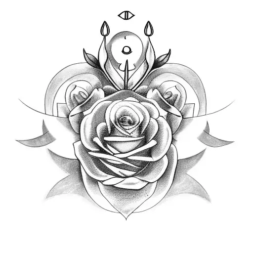 A Black-grey Tattoo Of A Cancer Sign Surrounded By Roses And A Crescent Moon