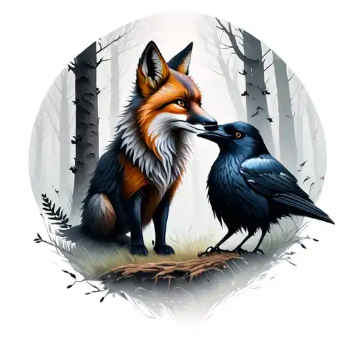 A Mystical Scene Of A Fox And Raven Sharing A Secret In A Misty Forest Clearing