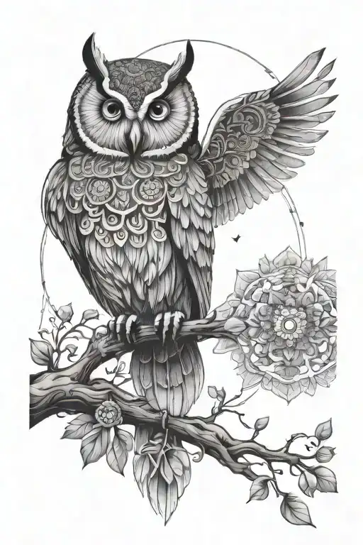 A Mystical Owl Perched On A Branch With A Mandala Design Incorporating Elements Of Music And Nature