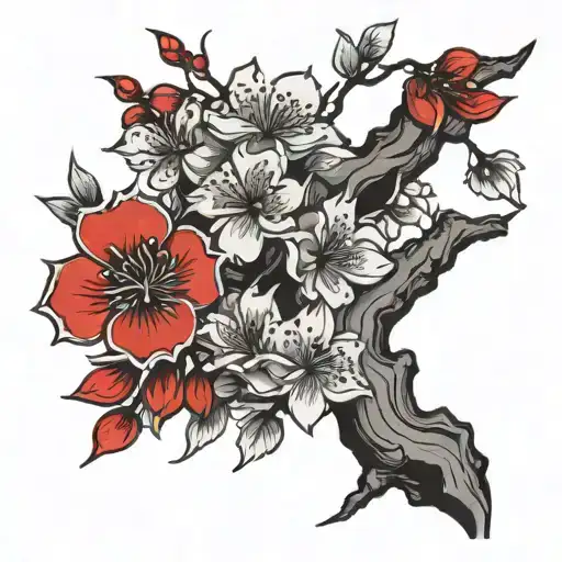 Bosnian Style Tatto With Japanese Twist A Cherry Blossom Tree Red Black Colour
