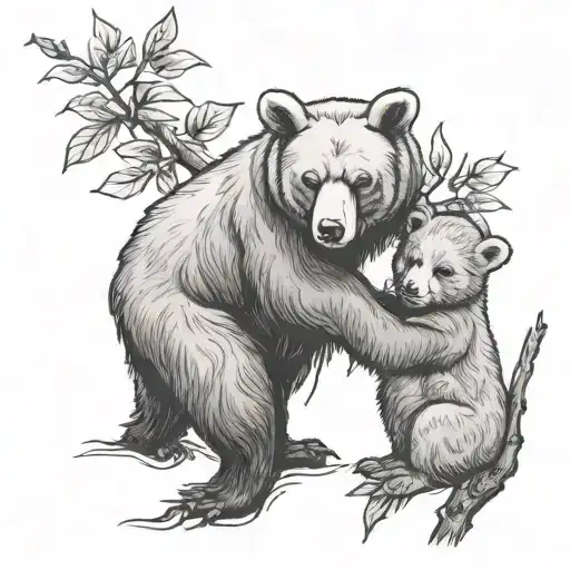 Peach Tree And Bear Cub Playing
