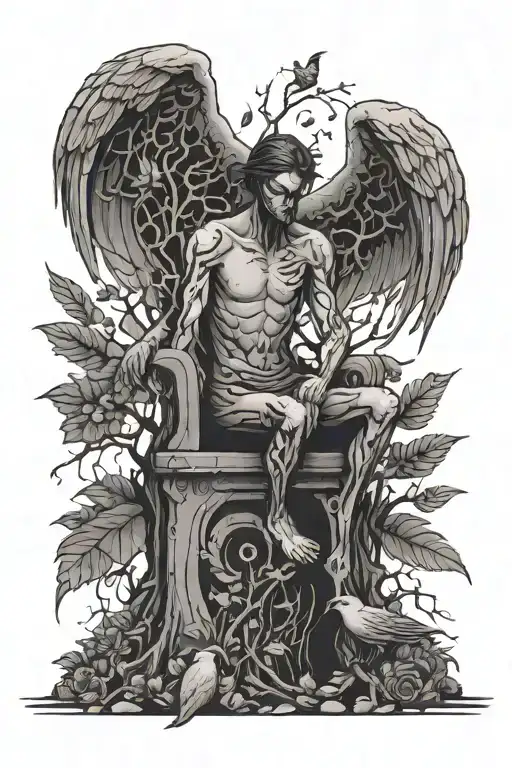 A Tall Man Resembling An Enderman With Bird Wings And Legs Sitting Under A Tree With Black Flowers