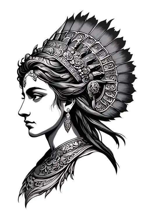 Tattoo Of The Goddess Hera Looking To The Side With A Striking Background