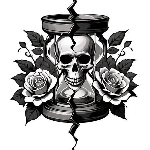 Broken Hourglass With A Skull And 3 Roses