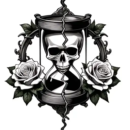 Broken Hourglass With A Skull And 3 Roses