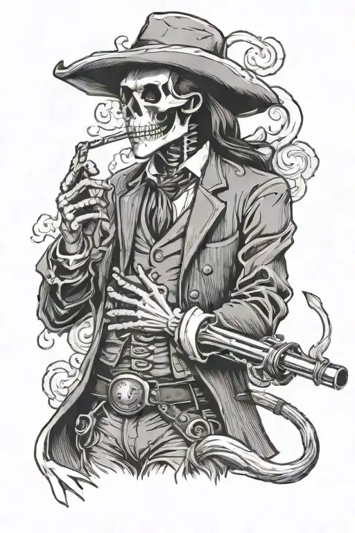 Skeleton Cowboy Wearing Suit Smoking Cigarette