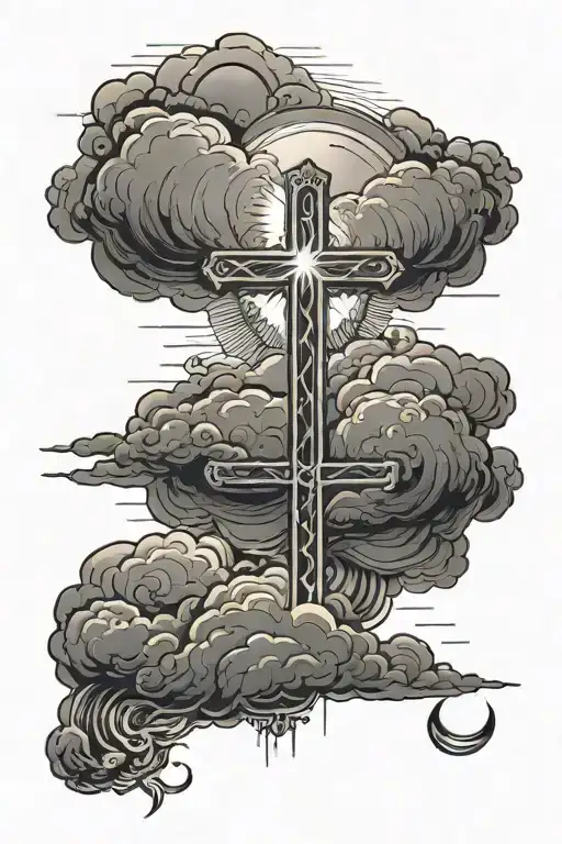Storm Clouds With A Cross And Sun Behind It And Water Underneath