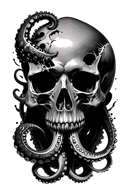 Human Skull Partially Destroyed By An Octopus