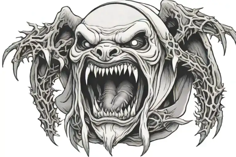 Nun With White Out Eyes Taking Off An Oni Mask Revealing Crazy Teeth Surrounded By Thorns