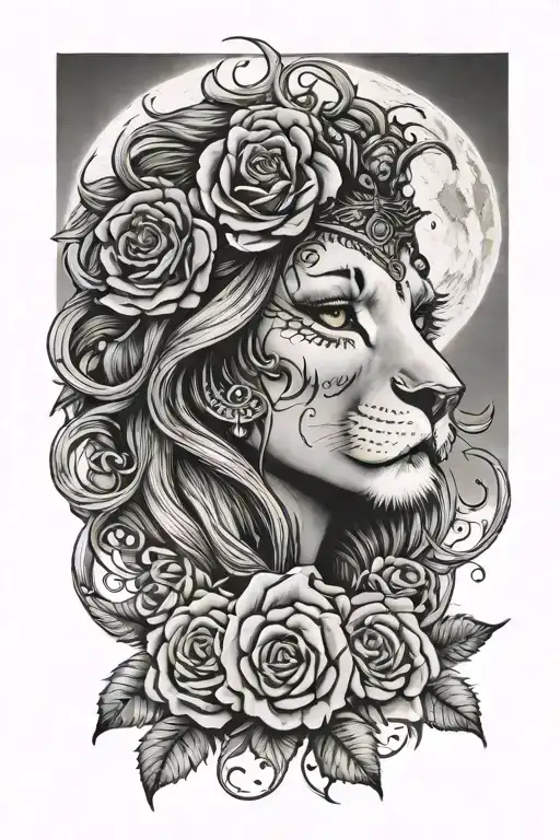 Moon Half Lion Half Woman Eyes With Rose