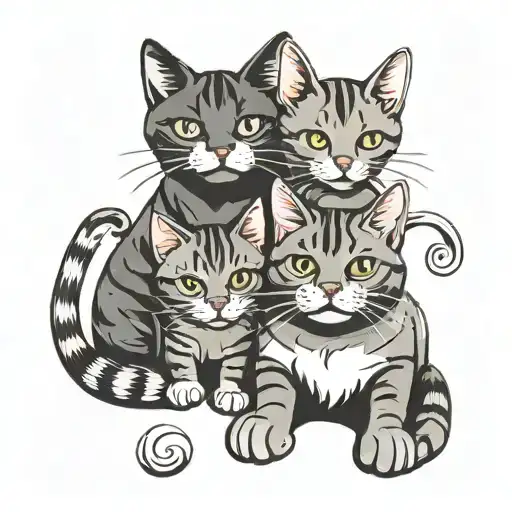 Cartoon Black Cat And Grey Tabby Cat Curled