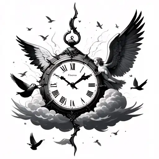 Broken Clock With Clouds Where Doves Fly And An Angel Who Stays In The Air Prayng