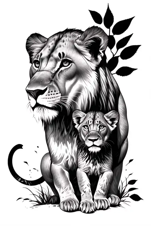 Lioness And Lion Cub Surrounded