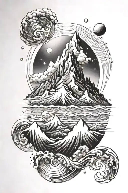 Mountain In Space Under Wave