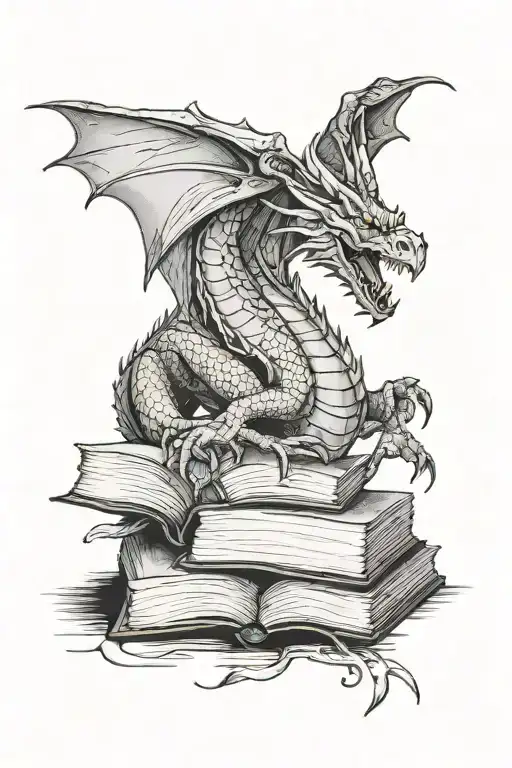 An Intricate Black And Grey Tattoo Of A Dragon Emerging From A Book