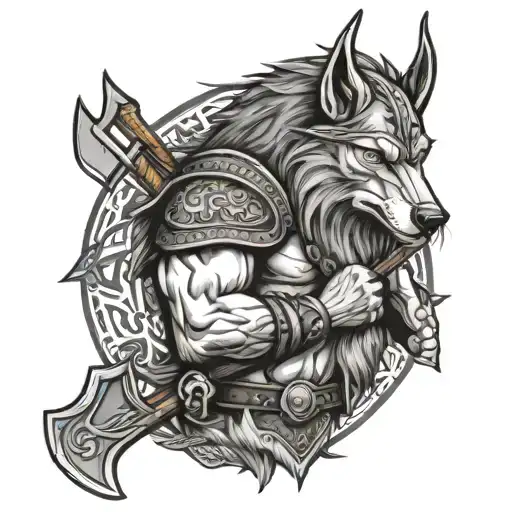 Viking Wolf Full Body Holding Axes