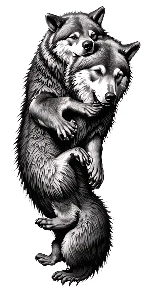 Bear Surrounded By Wolves Fighting