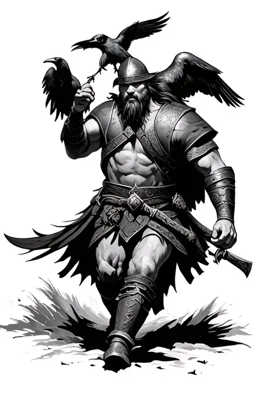 A Viking With A Crow On His Shoulder Rushing To The Battlefield