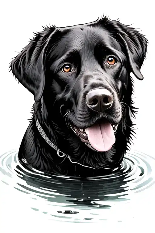 Black Labrador Retriever In Pond Ripples