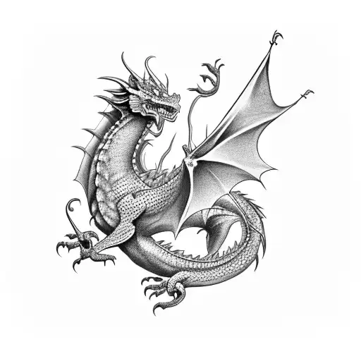 A Black And Grey Tattoo Of A Dragon Surrounded By Musical Notes