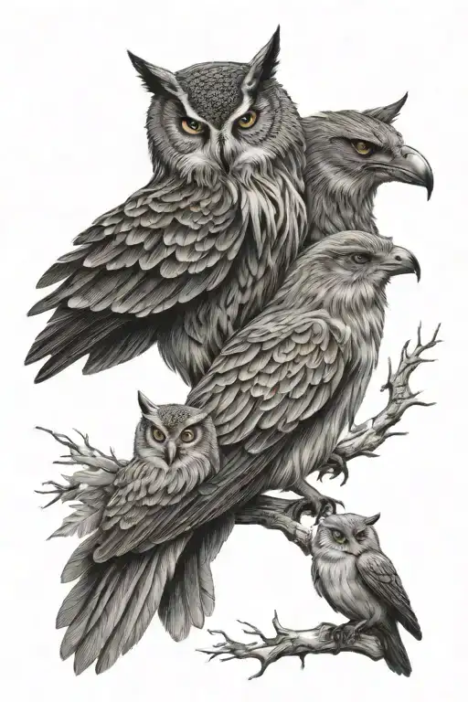 Owl And Wolf And Crow Sitting