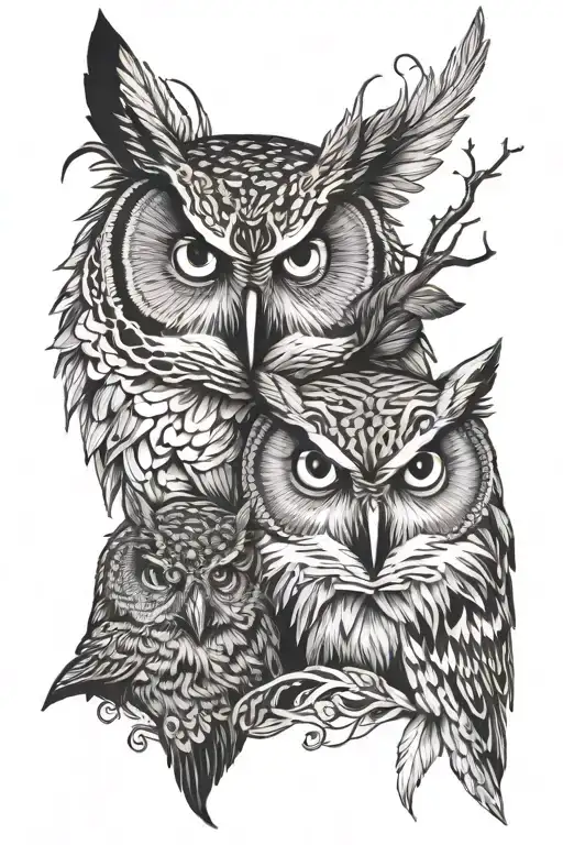 Owl Face And Wolf Face And Crow Sitting