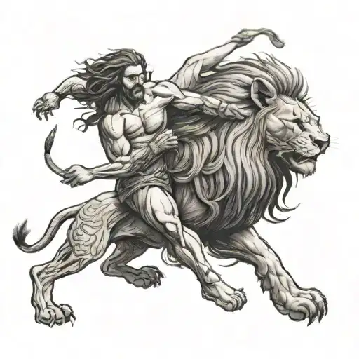 A Human Man Fighting A Lion