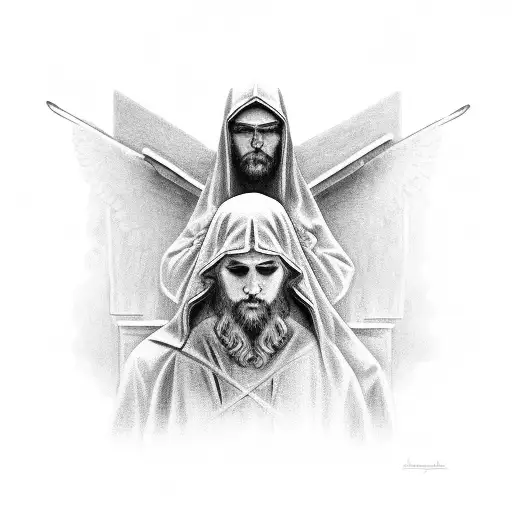 A Black And Grey Portrait Of Two Guardian Angles Looking Over The Cross