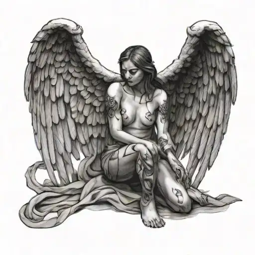 An Angel Stands On One Knee With Scorched Wings