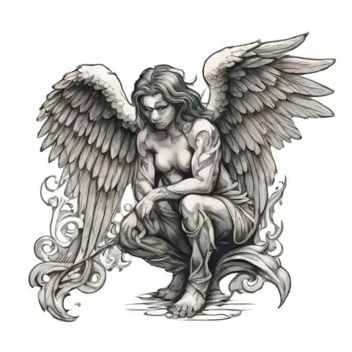 An Angel Stands On One Knee With Wings Scorched By Fire