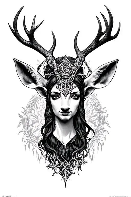 Hecate With Bella Donna And Antlers In Background Black And White