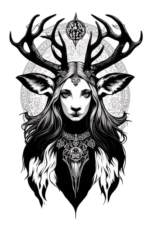 Hecate With Bella Donna And Antlers In Background Black And White