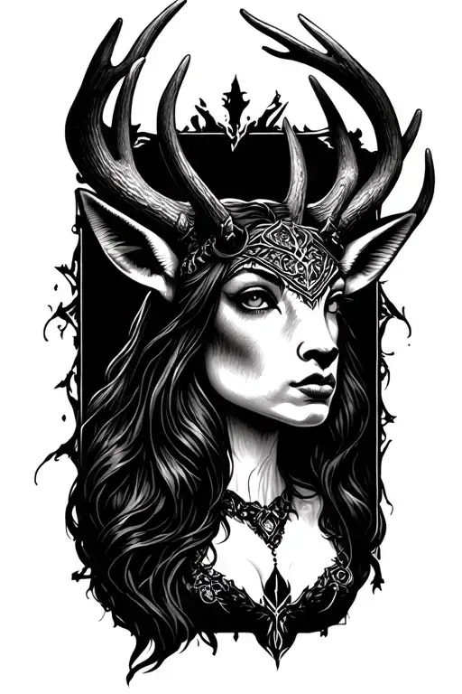Hecate Bella Donna And Antlers In Background Black And White
