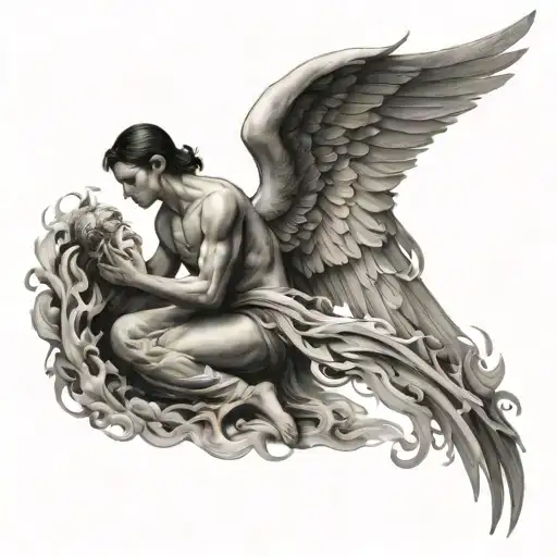 The Wings Of An Angel Who Stands On One Knee Are Burning